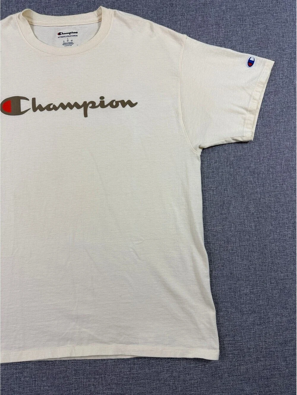 Champion Script Logo T-Shirt Mens Large Cream Spellout Athleticwear